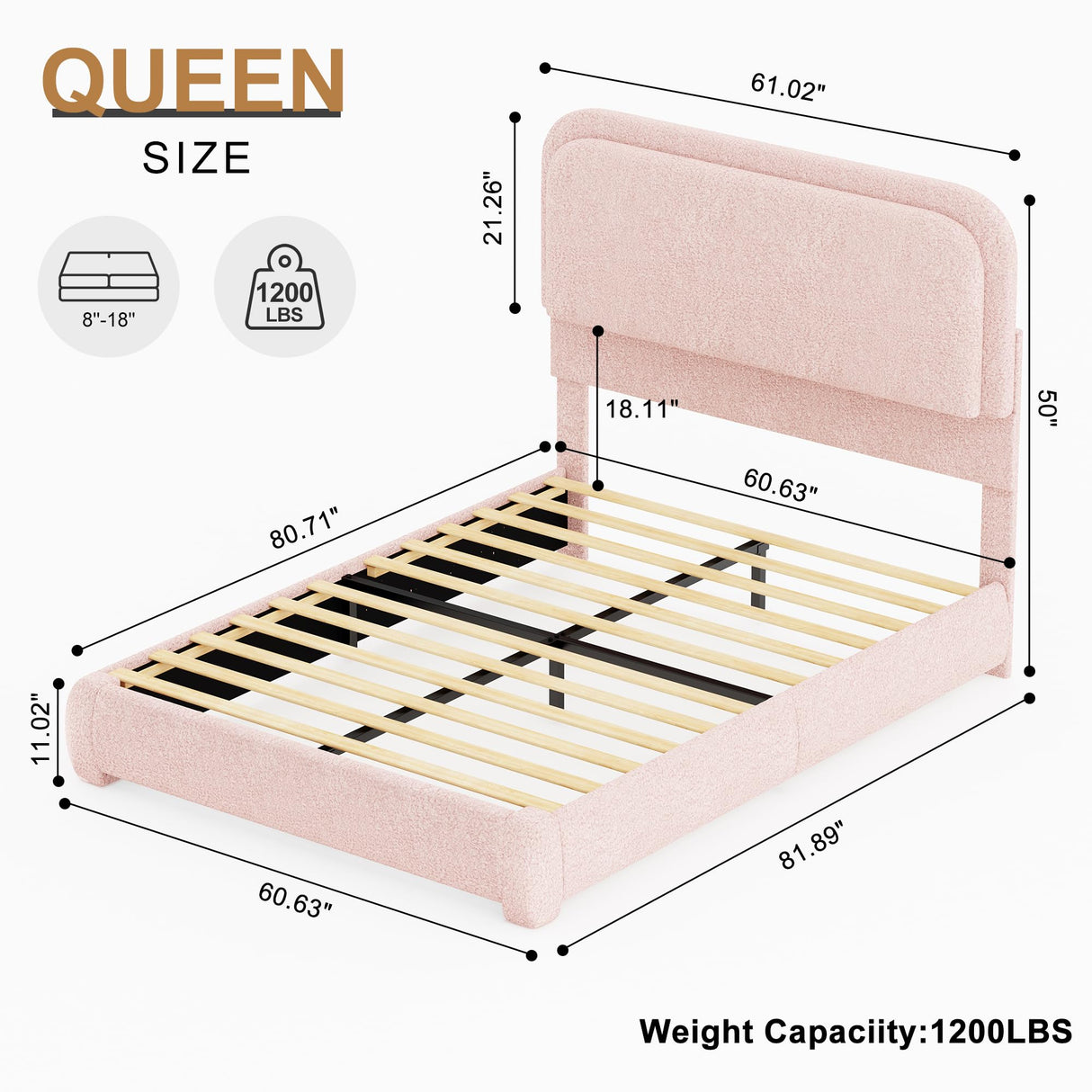 Queen Bed Frame, Soft Teddy Fleece Upholstered Platform Bedframe with Thickened Rounded Corners Headboard Footboard, Modern Curved Shaped Cloud Bed Frame with LED Lights, No Box Spring Needed, Pink SIBEDS