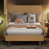 LIKIMIO Twin Size Bed Frame with Headboard, Fully Cotton Upholstered Foundation, Wooden Slats Support, Noise Free, No Box Spring Needed, Easy Assembly, Rustic Yellow and White Checkered LIKIMIO