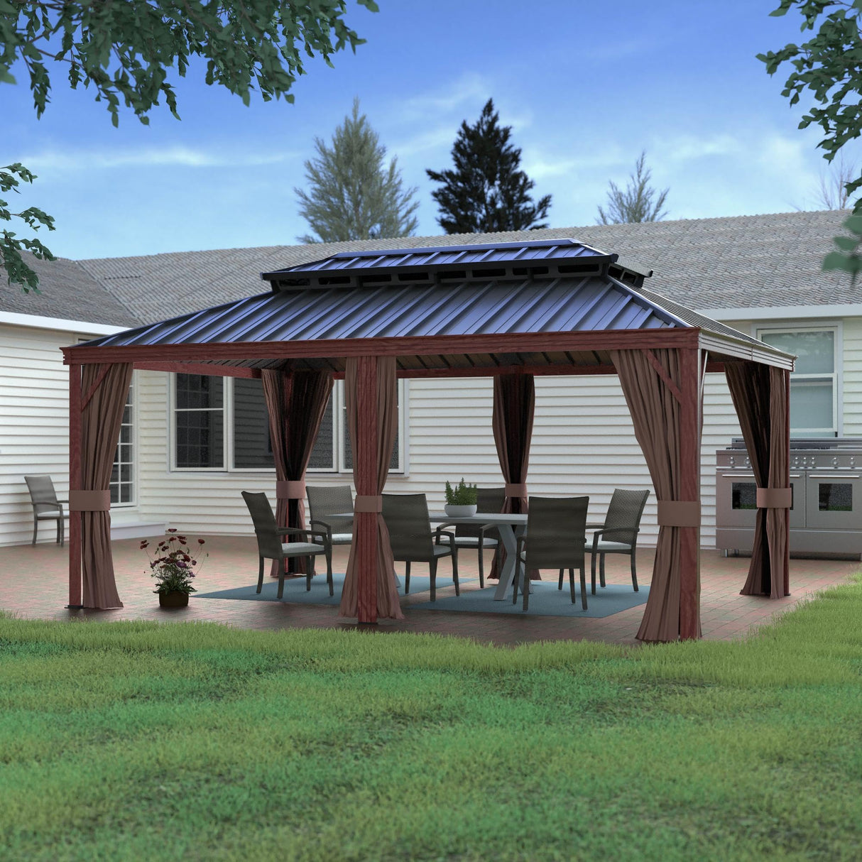 Yardenaler 12x20 FT Gazebo Wooden Finish & Metal Frame, Double Roof Permanent Outdoor Pavilion with Curtain & Netting for Patio. Garden, Backyard Yardenaler