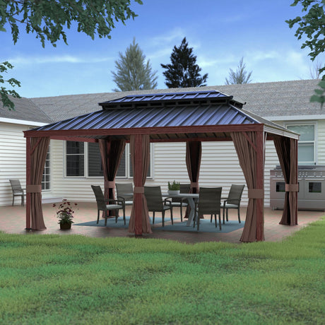 Yardenaler 12x20 FT Gazebo Wooden Finish & Metal Frame, Double Roof Permanent Outdoor Pavilion with Curtain & Netting for Patio. Garden, Backyard Yardenaler