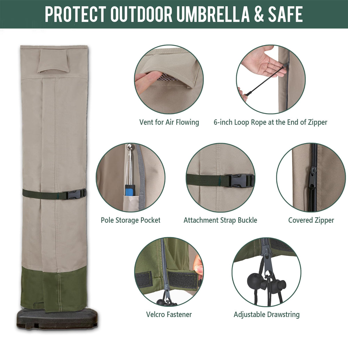 Rachmi Patio Cantilever Umbrella Cover for 9-13 Ft Umbrellas, 600D Water-resistant UV & Fade Resistant Cover Fits Round / Square Outdoor Garden Offset Parasol with Zipper & Rod, Khaki-Green Rachmi