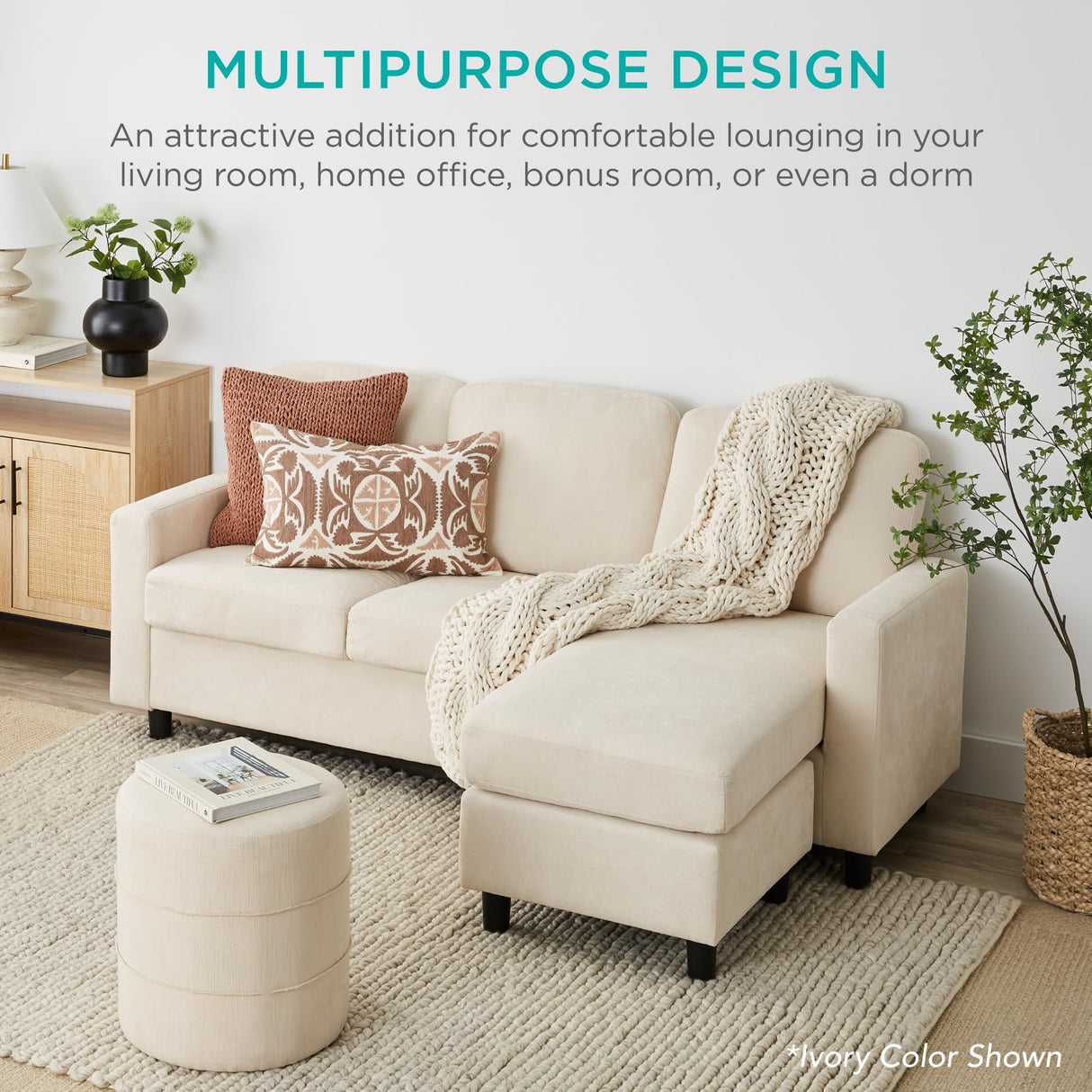 Best Choice Products Upholstered Sectional Sofa for Home, Apartment, Dorm, Bonus Room, Compact Spaces w/Chaise Lounge, 3-Seat, L-Shape Design, Reversible Ottoman Bench, 680lb Capacity - Light Blue Best Choice Products