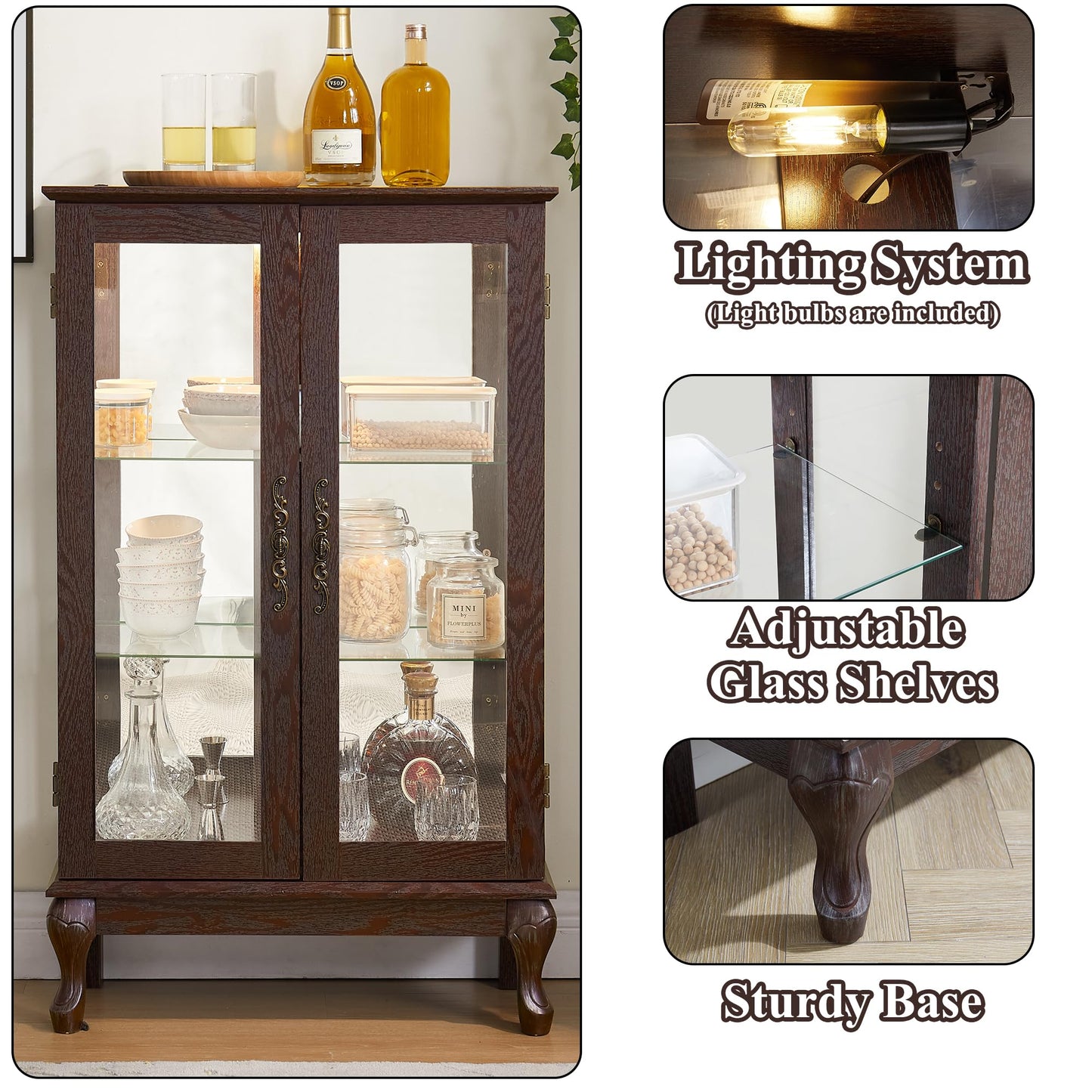 nifoti 43" H Lighted Curio Cabinet Display Case, Glass Curio Cabinet with Adjustable Shelves and Tempered Glass Door, Wooden Curio Cabinet w/Mirrored Back Pane for Living Room (Dark Cherry)