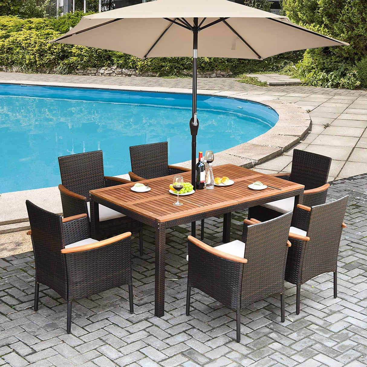 HAPPYGRILL 7 Pieces Patio Dining Set Outdoor Rattan Wicker Dining Set with Umbrella Hole, Removable Cushions, Table & Chairs Set with Acacia Wood Table Top HAPPYGRILL
