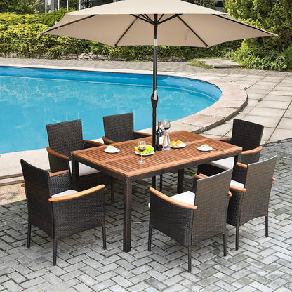 HAPPYGRILL 7 Pieces Patio Dining Set Outdoor Rattan Wicker Dining Set with Umbrella Hole, Removable Cushions, Table & Chairs Set with Acacia Wood Table Top