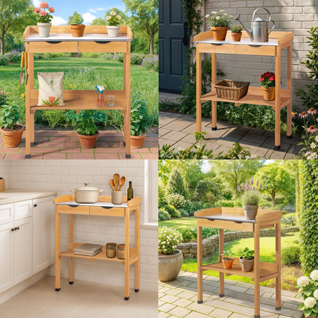 36.4" H Outdoor Potting Bench with Storage, Wooden Workstation Garden Potting Table with Metal Tabletop, 2 Drawers, Shelf and 3 Hooks, All-Weather Work Station for Garden, Patio & Lawns (Wood Color) BIVVI