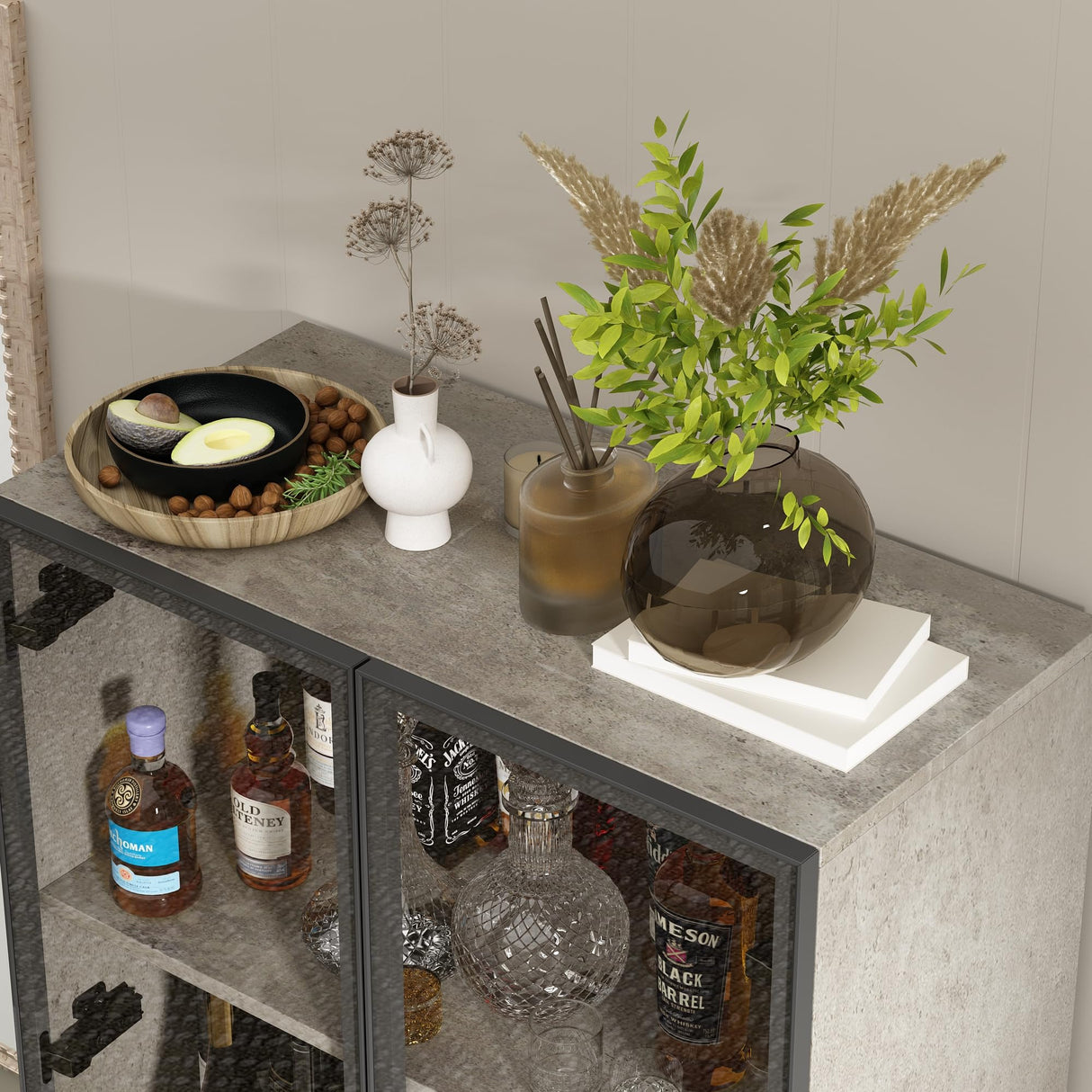 ECACAD 5 Tier Glass Display Cabinet with Light, Storage Curio Cabinet with Pop-up Glass Doors, Collectors Figure Organizers Wine Rack Bookcase for Living Room/Home Office/Dining Room, Rustic Grey ECACAD