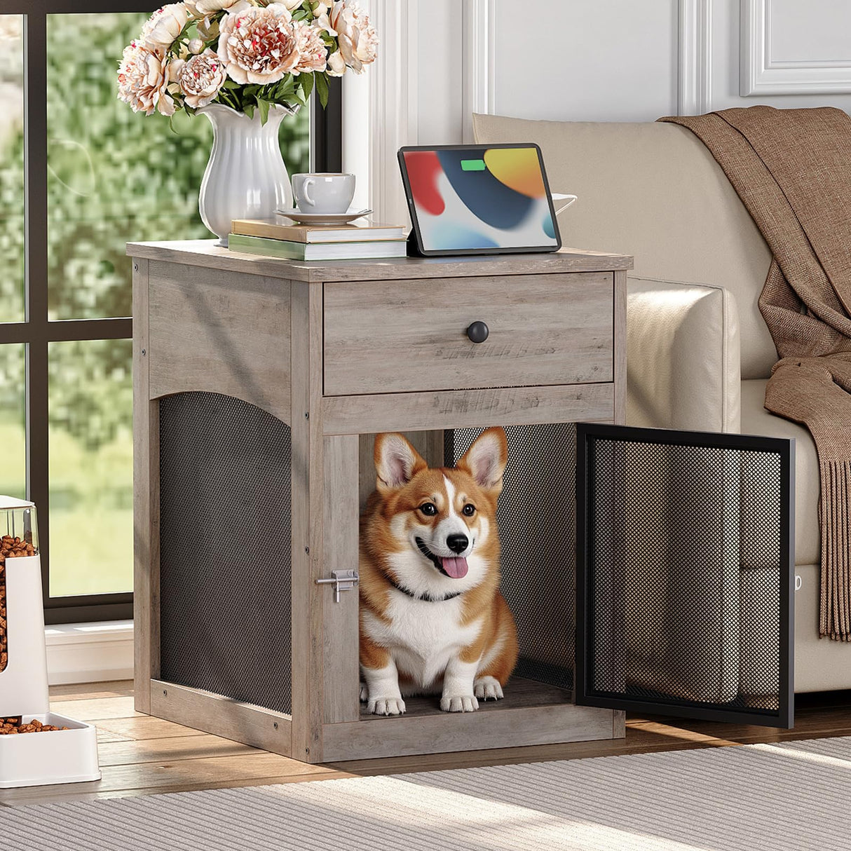 HOOBRO Dog Crate Furniture, Dog Kennel with Drawer and Charging Station, Indoor Decorative Puppy House, Wooden Pet Crate End Table for Small Dogs, Greige and Black BG58UGW03G1 HOOBRO