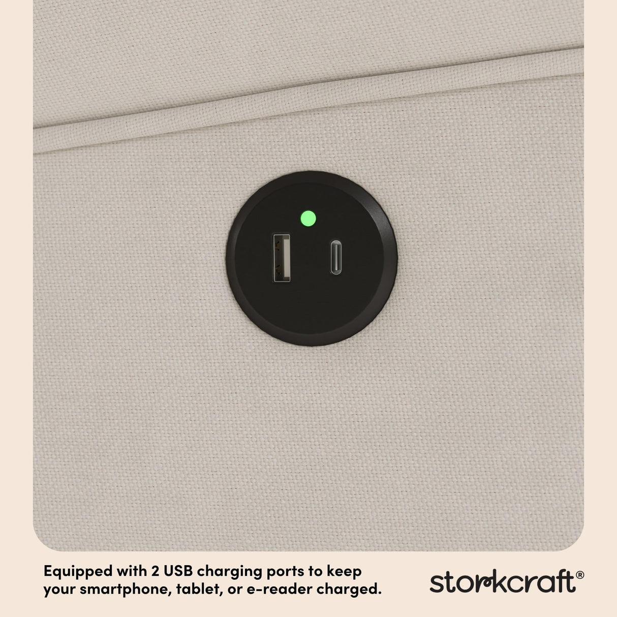 Storkcraft Serenity Glider Recliner Nursery Chair with USB Charging Port (Ivory) – Premium Upholstered Nursery Glider Recliner with Manual Recline Function, Dual USB Charging Storkcraft