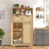 Iwell Storage Cabinet with 2 Drawers & Adjustable Shelves, Rattan Cabinet, Kitchen Pantry Cabinets, Cupboard for Living Room, Kitchen, Home Office, Natural Iwell