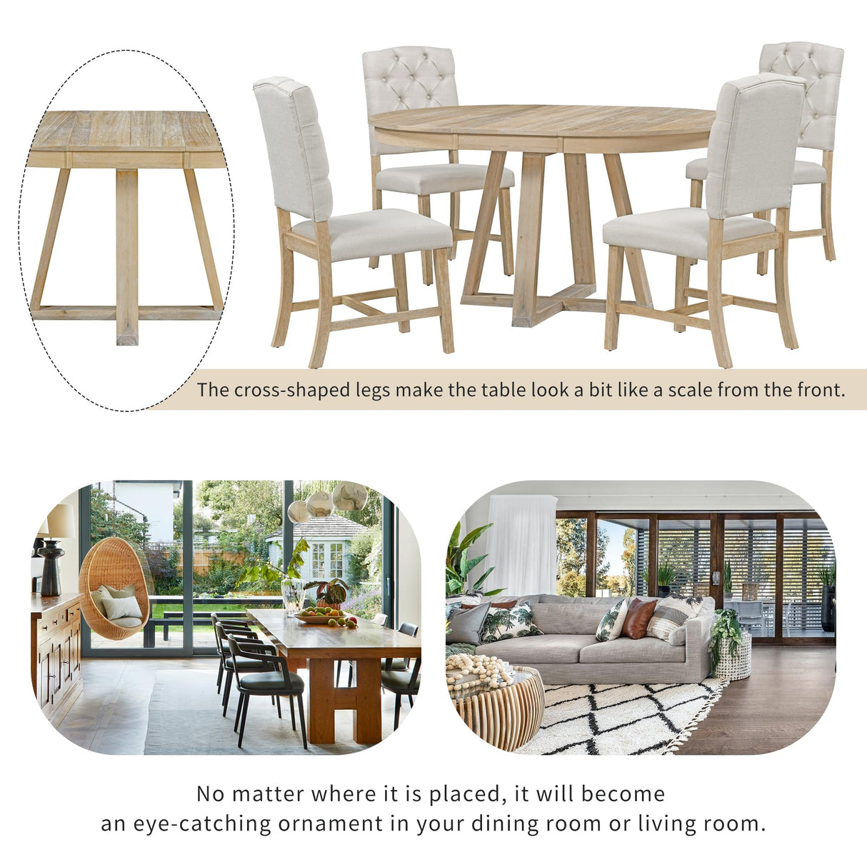 Merax 5 Piece Round Dining Table Set with Extendable Table and 4 Upholstered Chairs, Wood Kitchen Dining Table Chair Set for Dining Room, Living Room, Functional Furniture Retro Style (Natural) Merax