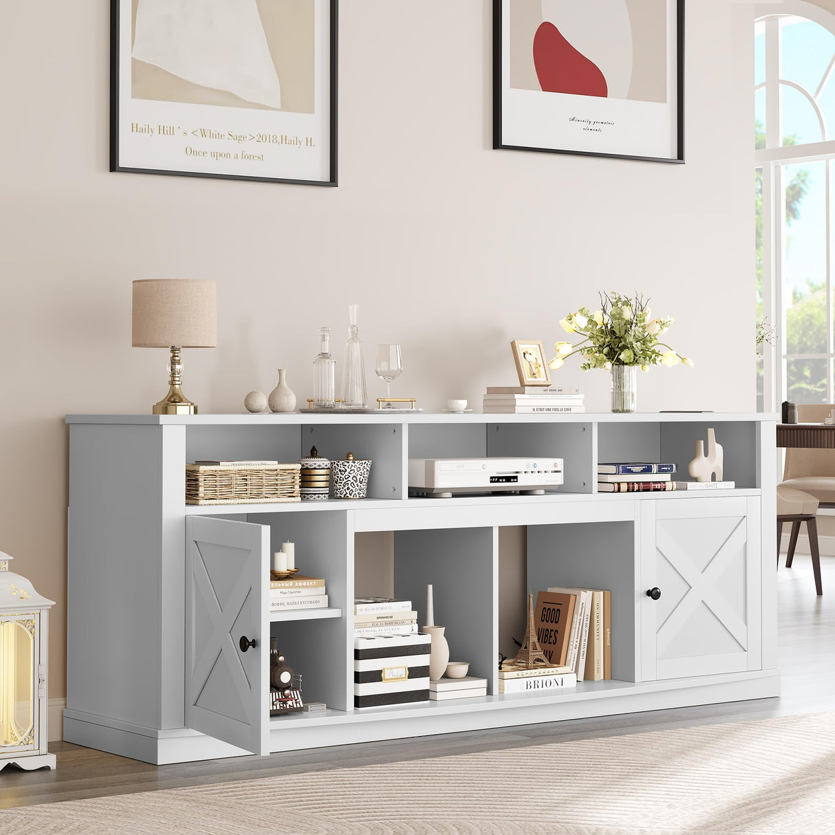 YITAHOME Farmhouse TV Stand for TVS up to 80 Inch, Modern TV Console with Barn Doors & Storage Cabinets, Entertainment Center with Power Outlet, TV Cabinet for Living Room, 70" White YITAHOME