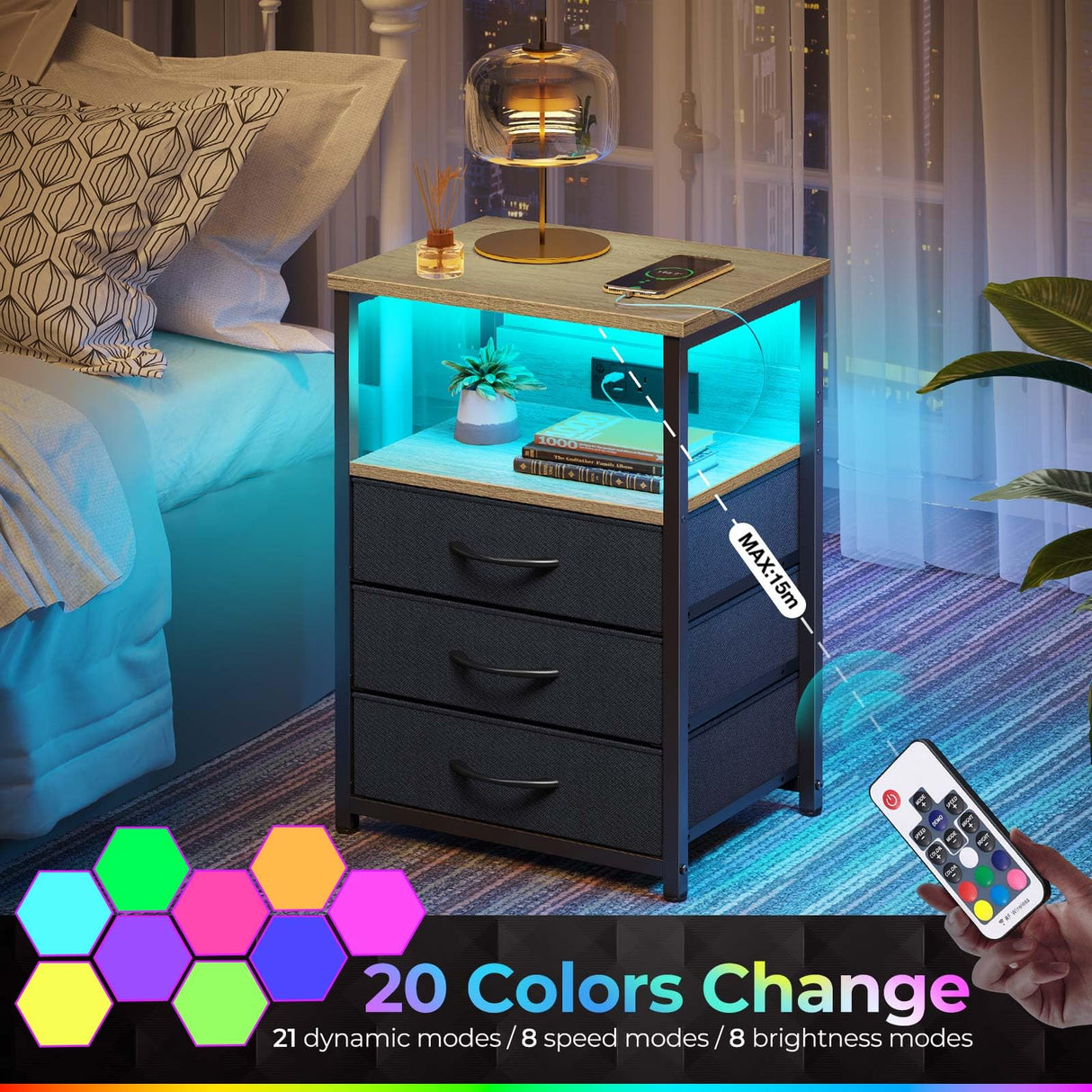 Seventable Nightstand with Charging Station and LED Light, Set of 2 Side Table with 3 Fabric Drawers, Bedside End Table with USB Ports and Outlets, Night Stand for Bedroom, Greige Seventable