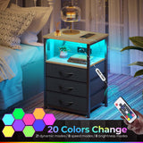 Seventable Nightstand with Charging Station and LED Light, Set of 2 Side Table with 3 Fabric Drawers, Bedside End Table with USB Ports and Outlets, Night Stand for Bedroom, Greige Seventable