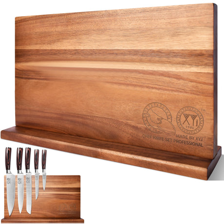 XYJ Extra Large Magnetic Knife Block Acacia Wood Knife Set Holder Stand With Stronge Magnetic Strip Kitchen Knives Storage Rack Organizer Tools No Drilling XYJ