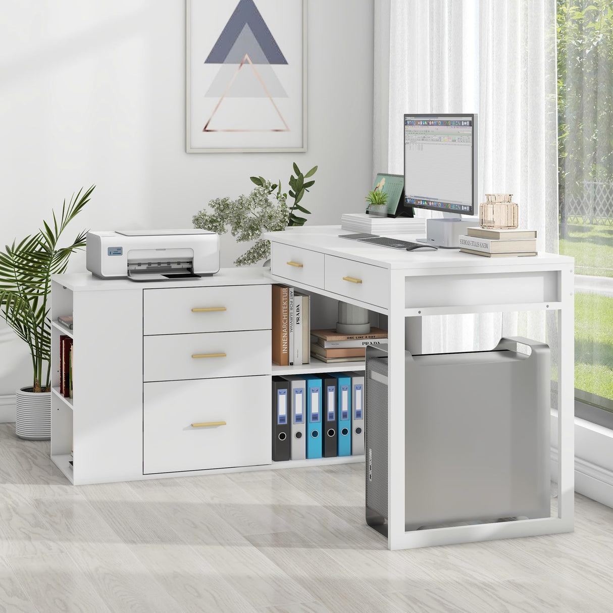 L Shaped Desk with 5 Drawers Modern Executive Desk Wood Home Office Desk with Adjustable Shelves, 55 Inch Large Computer Desk Writing Table with File Storage Cabinet for Home Office Halitaa