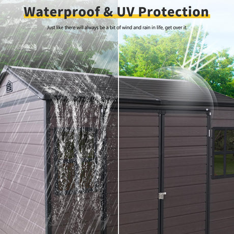 KEIKI 8x6 FT Outdoor Storage Shed Waterproof Resin Cabinet,Sloped Roof Polypropylene Frame with Two-Window and Double Lockable Door for Patio Furniture Tools KEIKI
