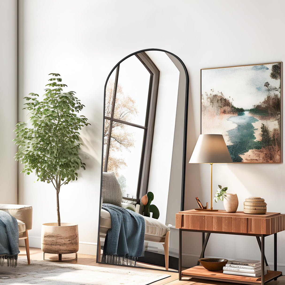 NicBex Arched Full Length Mirror with Stand, 56"x19" Aluminum Alloy Frame Floor Mirror, Black - Free Standing, Leaning Against Wall or Wall-Mounted, for Bedroom Living Room Dressing Room NicBex