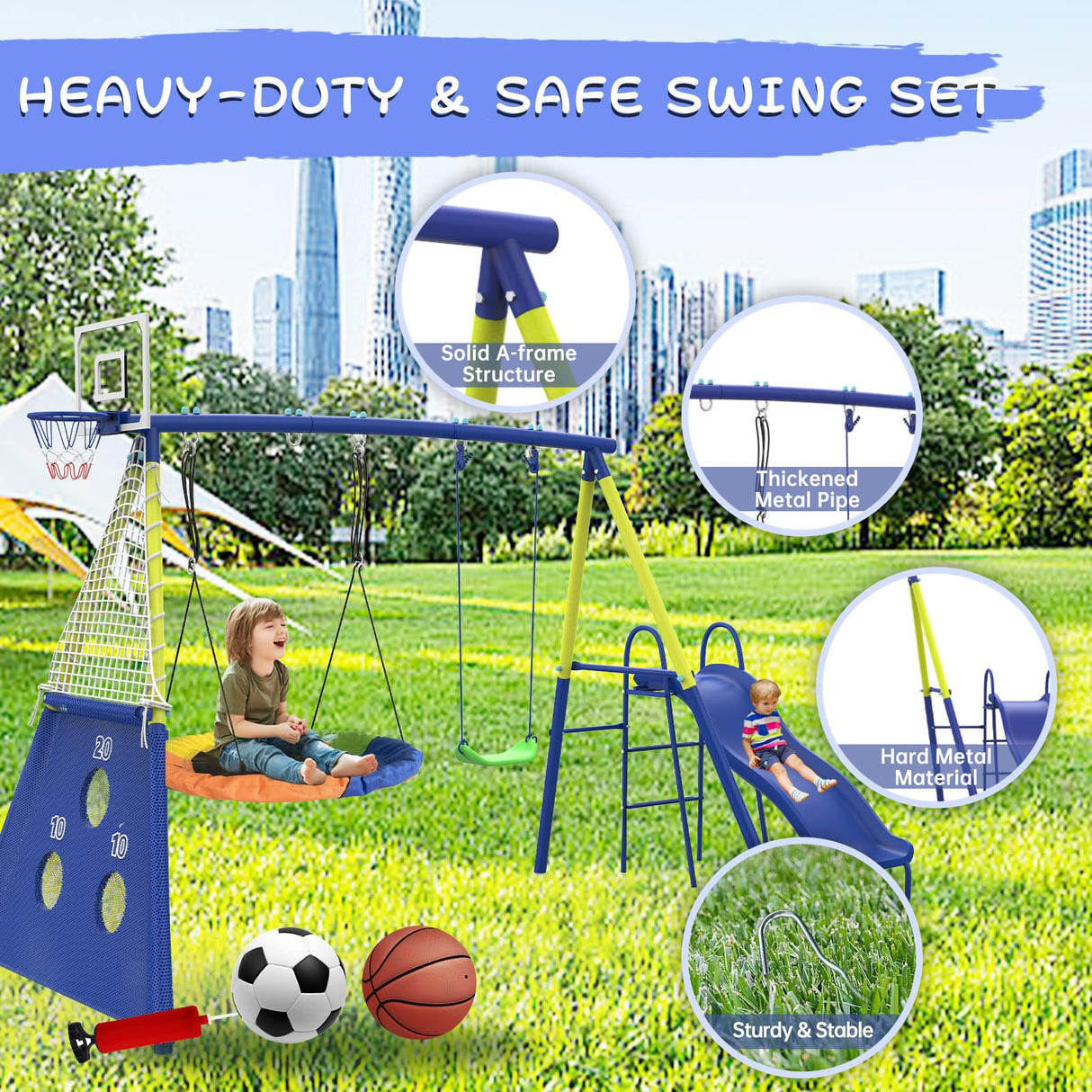 Swing Sets for Backyard with Kids Slide Outdoor Heavy-Duty Metal Playset for Kids 440lbs 5 in 1 Swing Set with Slide, Saucer Seat, Belt Seat, Soccer Goals and Basketball Hoop SENCHO GINSYTALIOR