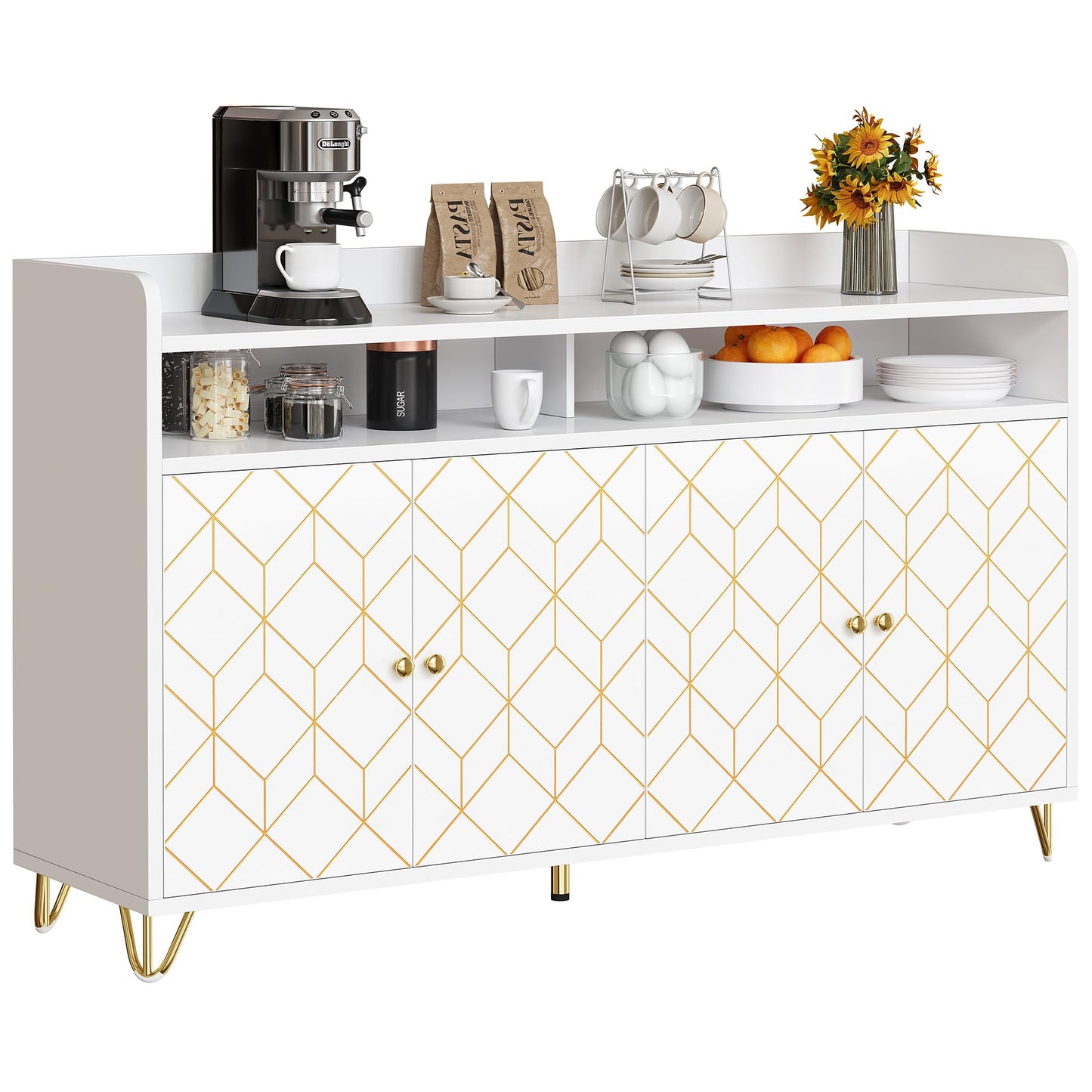 DWVO 59" Modern Storage Cabinet, Sideboard Buffet Cabinet with Gold Trim, Coffee Bar Cabinet with 4 Doors and Adjustable Shelves 300 lbs Capacity for Hallway, Kitchen or Living Room, White