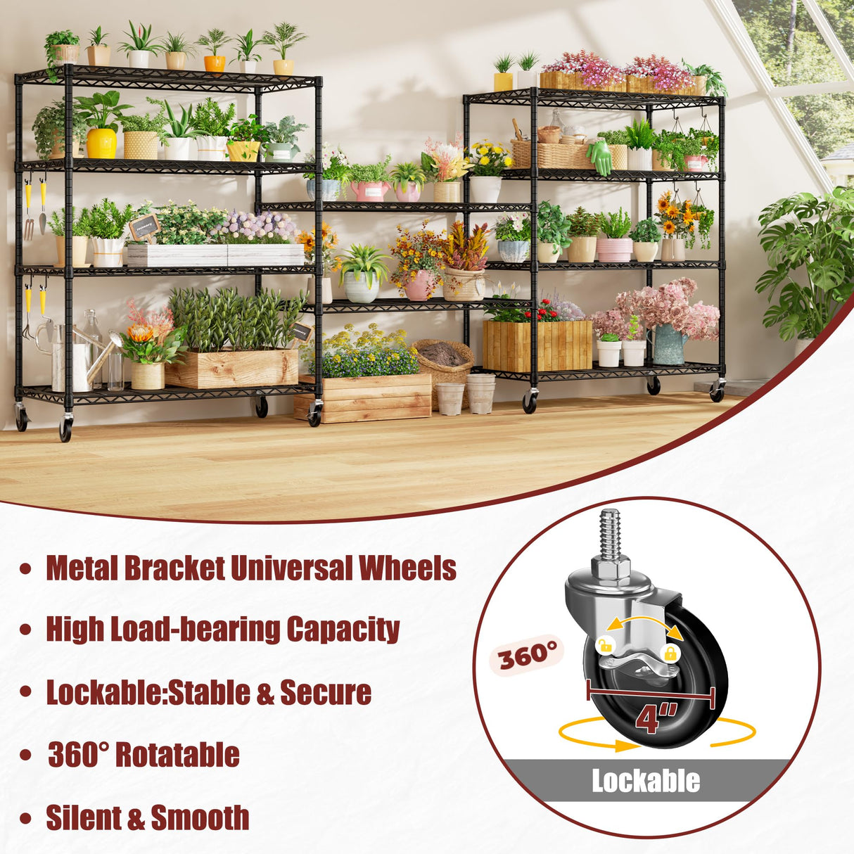 PrimeZone 48" W x 24" D x 81" H Heavy Duty Wire Storage Shelves with Wheels, 5 Tier Adjustable NSF Certified Garage Shelving Unit, Rolling Metal Organizer Shelf Utility Rack for Warehouse, Pantry PrimeZone