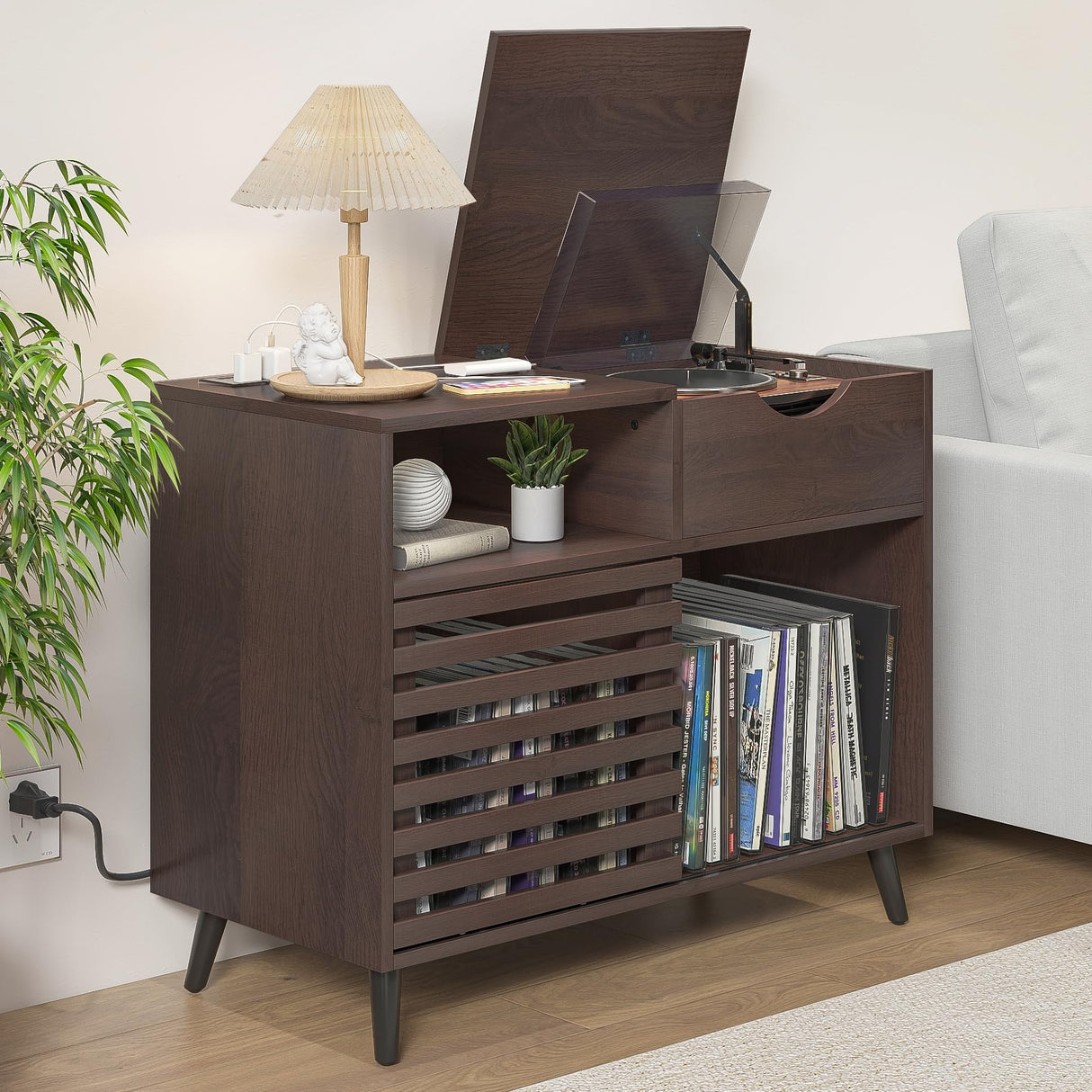 Lisicues Record Player Stand, Vinyl Record Cabinet with Power Outlet Holds Up to 200 Albums, Turntable Stand Table, Fluted Sliding Door, Living Room(Walnut) Lisicues