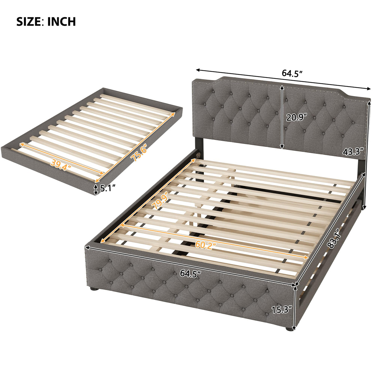 CITYLIGHT Queen Upholstered Platform Bed with Twin Size Trundle and USB Ports on Each Side, Queen Bed Frame with Trundle for Bedroom, Linen Fabric,No Box Spring Required,Grey CITYLIGHT