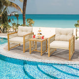 Tangkula 3 Pieces Acacia Wood Patio Furniture Set, PE Wicker Bistro Set with Cushioned Chairs and Coffee Table, Outdoor Conversation Set for Porch, Deck, Balcony, Backyard (Beige) Tangkula
