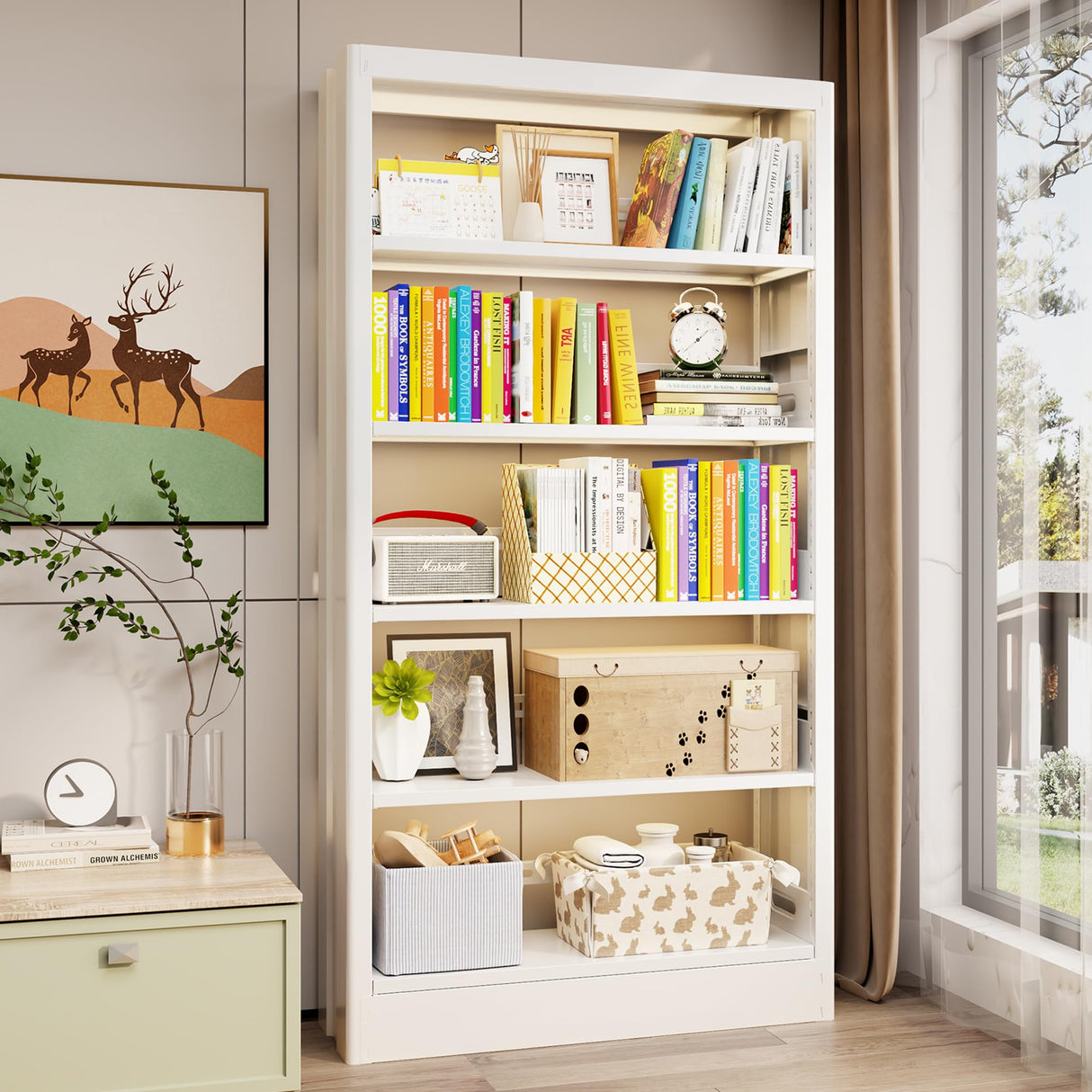 Jazipic 5-Tier Adjustable Bookcase, Heavy Duty Bookshelf with Book Stopper, Metal Bookcase for Library, Office, Living Room Jazipic