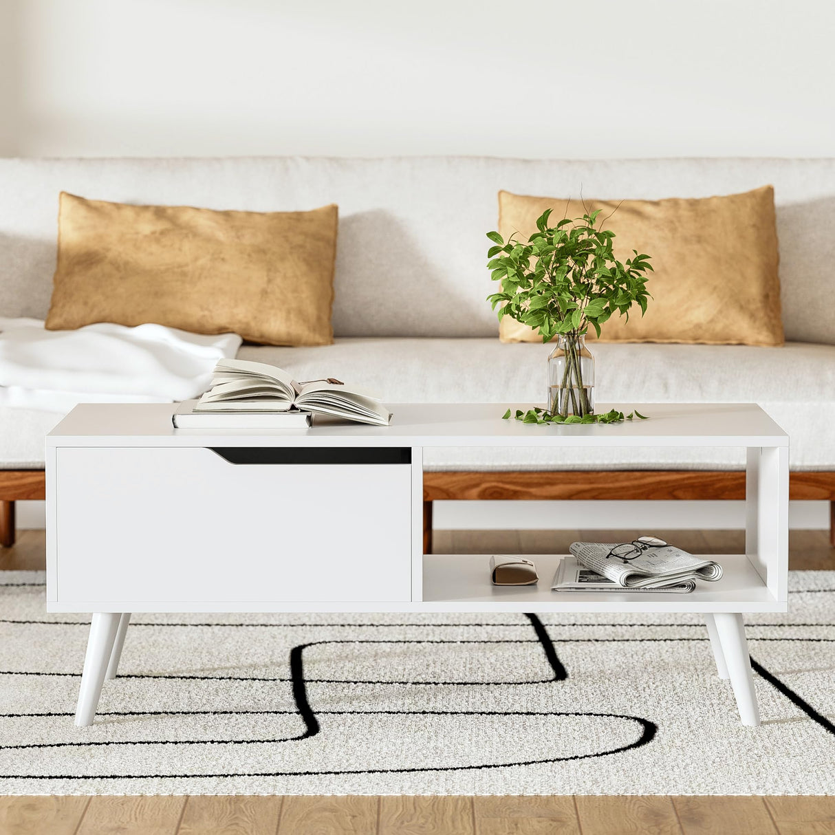 DIYART White Coffee Table, Mid Century Modern Coffee Table with Drawer & Shelf, 39'' Wooden Simple Console Table for Living Room DIYART