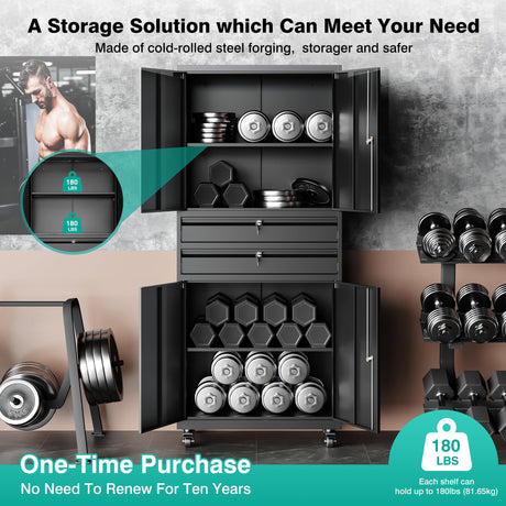 Metal Storage Cabinet with Wheels and Drawers,Rolling Garage Storage Cabinet with Locking Doors and Adjustable Shelves,73" Mobile Tall Large Metal Tool Cabinets with Locks for Home,Office,Garage SISESOL
