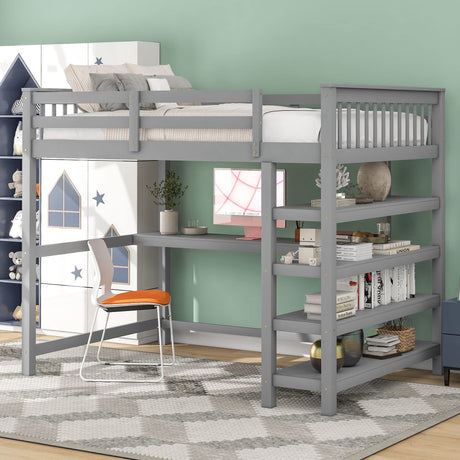 Merax Grey Twin Loft Bed with Under-Bed Desk and 4 Storage Shelves Merax