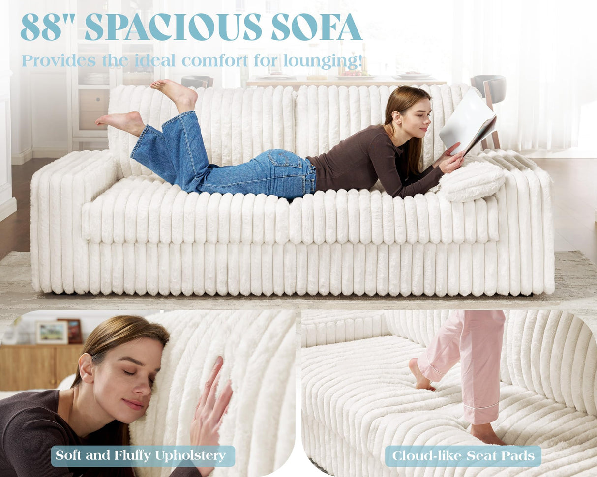 VanAcc 88 Inch Oversized Sofa, Modern Couch with Lumbar Pillows and Armrests, 3 Seater Couch- Cloud Sofas for Living Room, Beige VanAcc