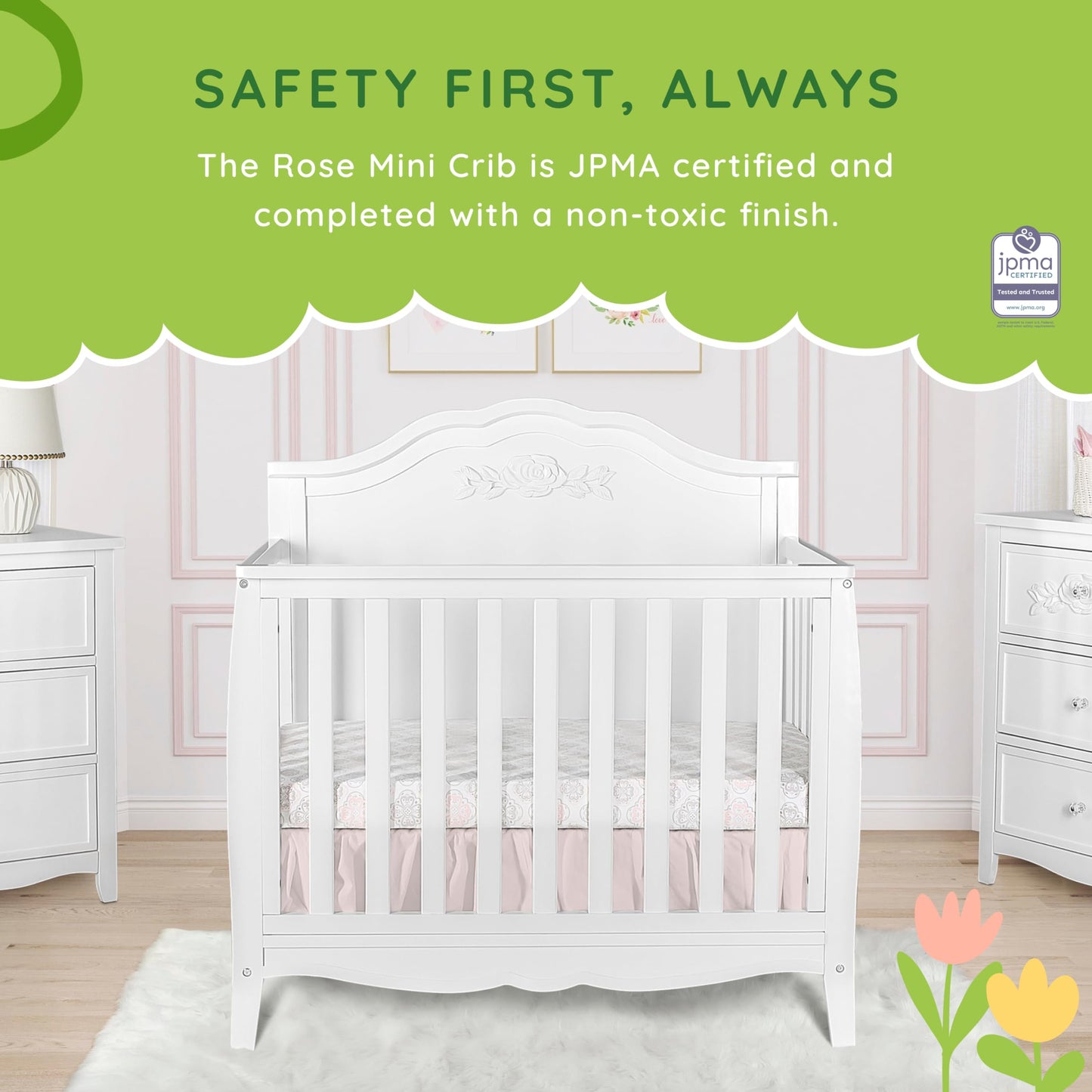 SweetPea Baby Rose 4-in-1 Convertible Mini Crib in White, JPMA Certified Baby Crib, Non-Toxic Finish, New Zealand Pinewood, with 3 Mattress Height Settings