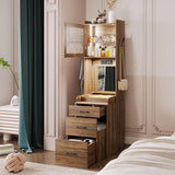 Vlsrka 70" H Vanity Desk with Mirror and Lights, Vanity Set with Hidden Stool, Drawers, Power Outlet, Makeup Dressing Table for Small Spaces, Brown Vlsrka