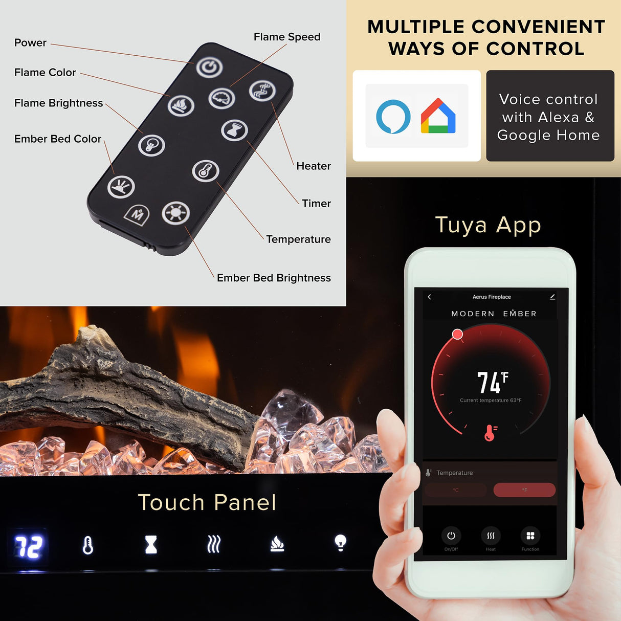 Modern Ember Aerus 72 Inch Smart Linear Electric Fireplace - Recessed in-Wall and Wall-Mount, Multiple Flame Colors, Compatible with Alexa and Google Assistant, Black Modern Ember