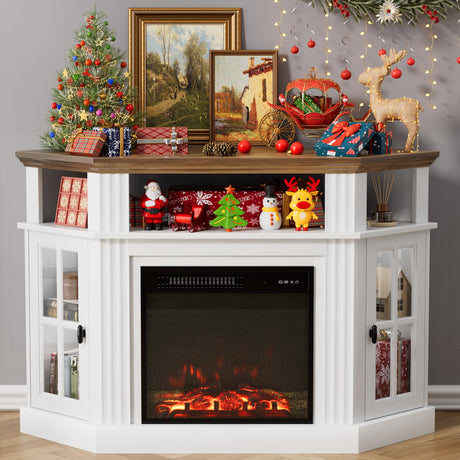 Furmax Fireplace Corner TV Stand for TV Up to 55 Inch, Modern TV Console with 18 Inch Electric Fireplace, Entertainment Center with Open Shelf and Storage Cabinets for Living Room, Antique White Furmax