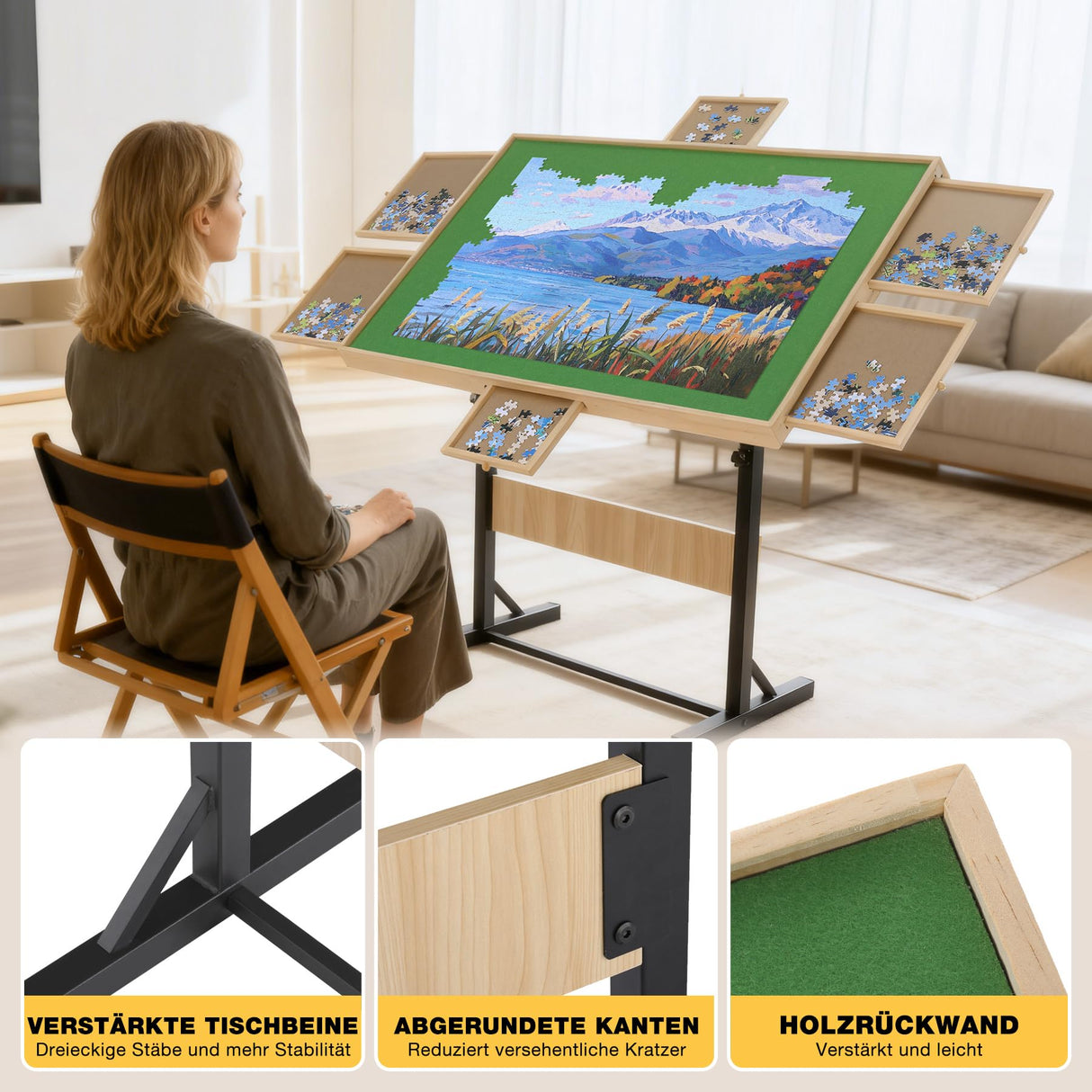 FUNTOK 1500 Piece Puzzle Table with Legs for Adults, Portable Wooden Puzzle Board Table with Drawers, Adjustable Height, 4-Tilting-Angle, Transparent Cover, Non-Slip Felt Surface, Present for Mom FUNTOK