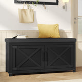 Hzuaneri Farmhouse Shoe Storage Bench, 2 Tier Shoe Bench with Padded Seat Cushion & 2 Barn Doors, Entryway Bench with Adjustable Shelf, Shoe Cabinet for Living Room, Bedroom, Black SB26606BK Hzuaneri