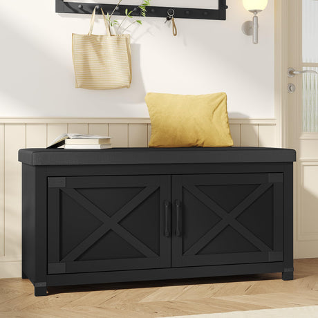 Hzuaneri Farmhouse Shoe Storage Bench, 2 Tier Shoe Bench with Padded Seat Cushion & 2 Barn Doors, Entryway Bench with Adjustable Shelf, Shoe Cabinet for Living Room, Bedroom, Black SB26606BK Hzuaneri