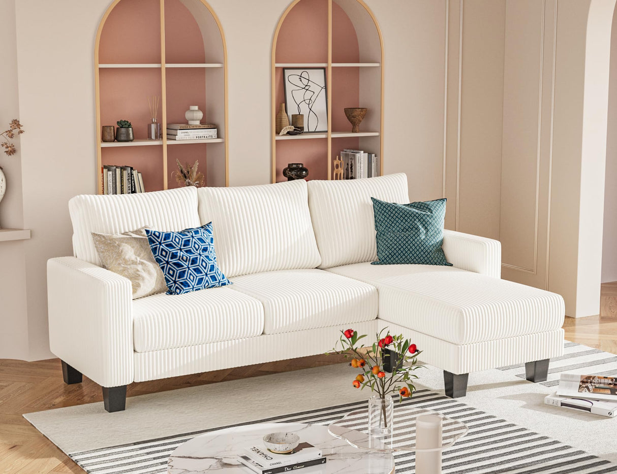Homall Sofa for Living Room, Couch with Convertible Chaise, 3 Seat L-Shaped Sofas, Comfy Corduroy Couches for Apartment, Small Space, Cream Homall