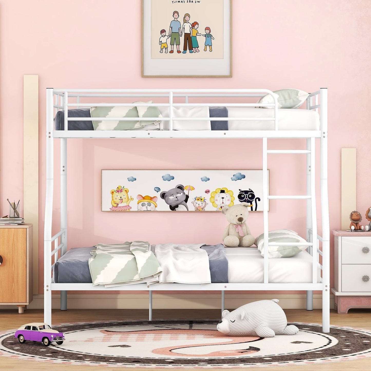 Metal Bunk Beds Full XL Over Queen Size with Ladder and High Guardrail, Able to Split, Full XL Over Queen Metal Bunk Beds, Storage Space, Noise Free, Easy Assembly (White)