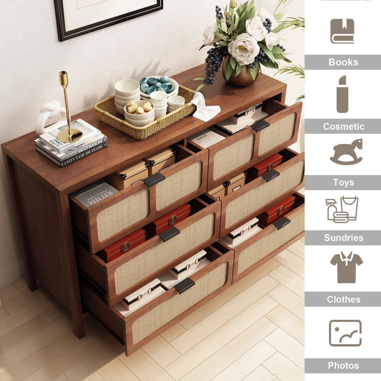 LEVNARY 6 Drawer Dresser for Bedroom, Rattan Dresser Drawer Organizer with Metal Handles, Accent Wood Chest of Drawers for Entryway, Closet, Living Room, Hallway, Nursery (Walnut) LEVNARY