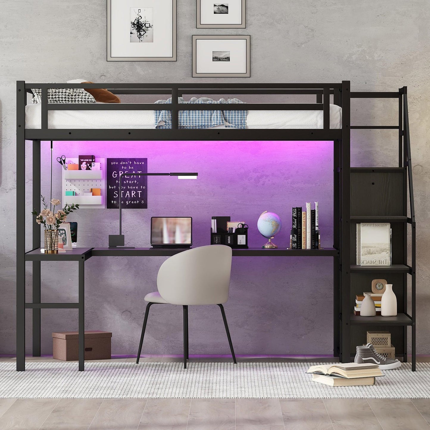 Metal Twin XL Size Loft Bed with Desk and Wardrobe,Heavy Duty Loft Bed Frame with Storage Stairs,LED Loft Bed Twin XL with Charging Station, Space Saving Loft Bed Twin XL for Kids,Teens,Adults,Black