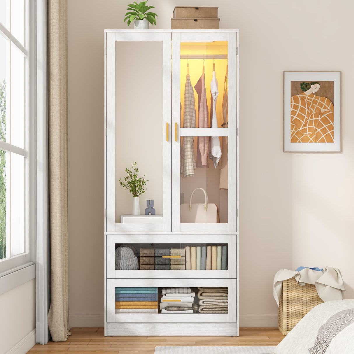 2 Doors Armoire Wardrobe Closet with LED and Mirror,71" H Freestanding Wooden Wardrobe Closet Cabinet for Bedroom w 2 Drawers,Wooden Clothing Storage Cabinet w Hanging Rod,Closets for Bedroom(White) chartustriable