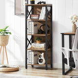 MNEETRUNG Small Bookshelf,5 Tier Industrial Bookshelf with Metal Frame and Backboard,Narrow Rustic Brown Book Shelf,Book case for Small Spaces,Living Room,Bedroom and Home Office MNEETRUNG