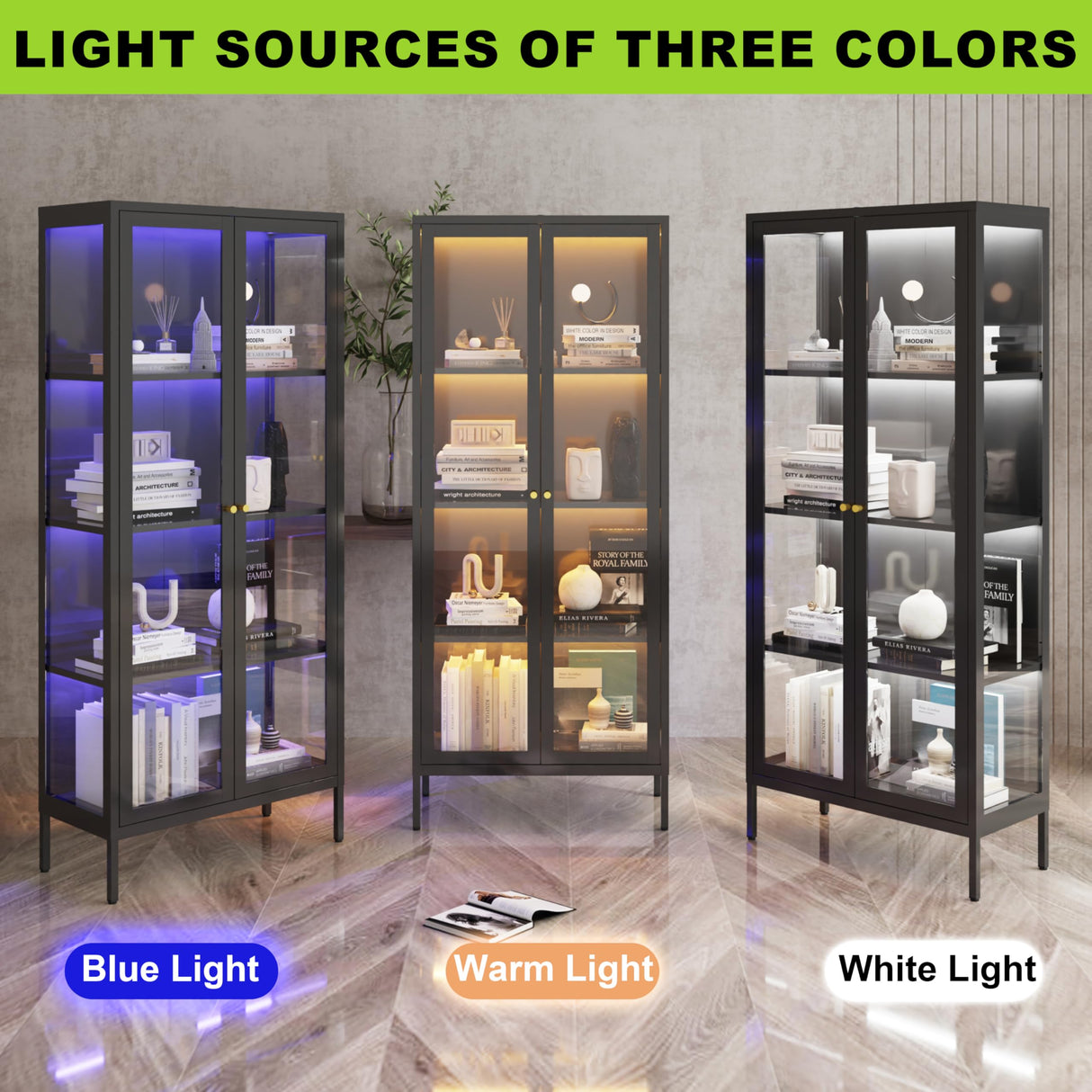 UNICOLY Display Cabinet with Glass Doors, Glass Display Cabinet with 3 Color LED Lights, Curio Display Cabinet with 3 Shelves for Living Room, Plant, Display Shelf, Assembly Required, Black UNICOLY