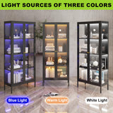 UNICOLY Display Cabinet with Glass Doors, Glass Display Cabinet with 3 Color LED Lights, Curio Display Cabinet with 3 Shelves for Living Room, Plant, Display Shelf, Assembly Required, Black UNICOLY