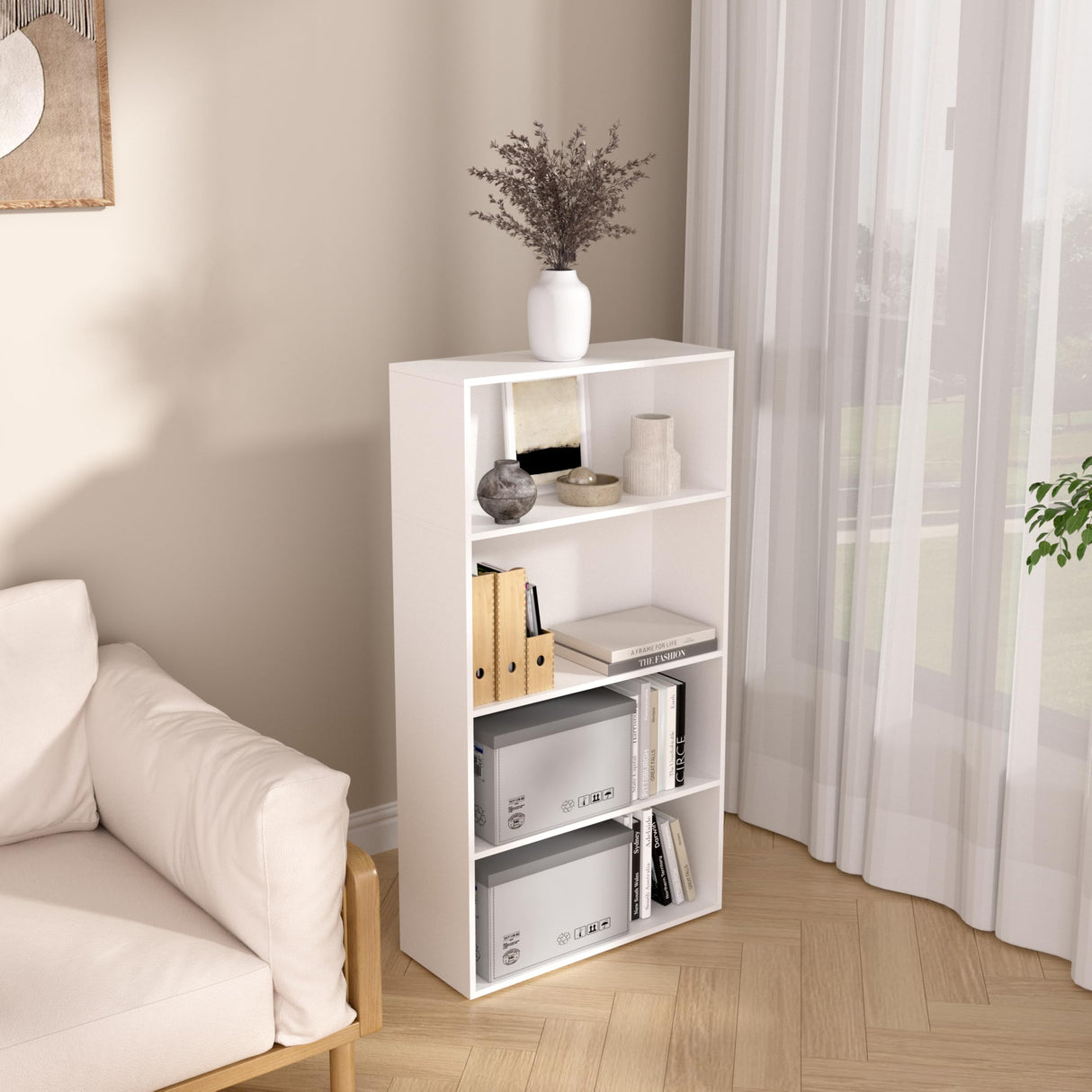 Wooden 4 Tier book shelf，4 Cube Storage Organizer, 44 Inch Versatile Cubes Shelf and Cubby Unit for Any Space (White, 4 Cube-W(23.6inch) NewBeth