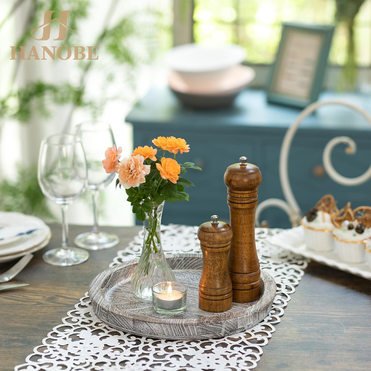 Hanobe Whitewash Wooden Round Serving Tray - Farmhouse Decor for Coffee Table, Kitchen Counter Hanobe